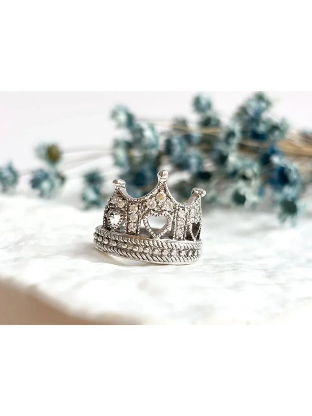 Crown Shaped Milgrain CZ Stone Beaded Sterling Silver 925 Vintage Ring - sz 6